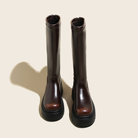 Bottes hautes en PU brillant pour femmes, bout rond, semelle plateforme épaisse, bottes hautes tendance pour femmes, bottes d'automne et d'hiver