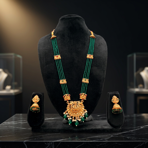 Traditional South Indian Temple Long Bridal Necklace <b>Set</b> Alloy Gold Plated Kundan Pearl Earrings High Quality Latest Designed - Product Image 2