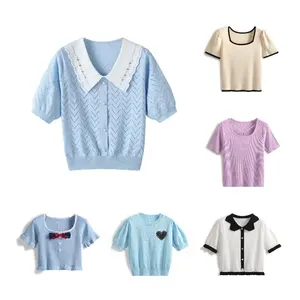 Camiseta de manga corta de punto a la moda para mujer, nueva Camiseta de punto elástica de cuello alto, camisetas informales sólidas de primavera para mujer