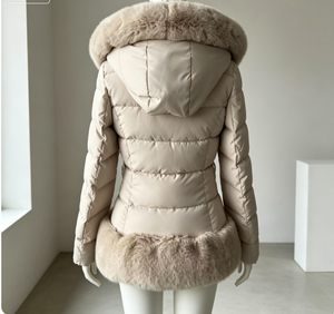 Winter Casual Hooded Big Fur Trim Slim <strong>Waist</strong> Short Windproof Fluffy Logo Woven Polyester Filled <strong>Coat</strong> <strong>for</strong> <strong>Women</strong> - Product Image 3
