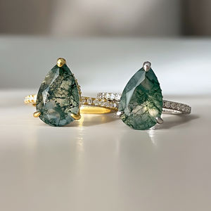 Bague de fiançailles et de mariage classique de luxe pour femme, plaquée or 18 carats, avec pierre précieuse agate mousse - Product Image 1