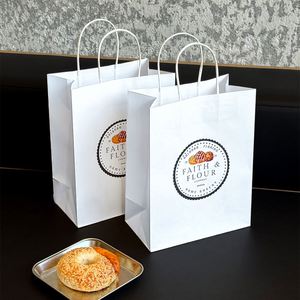 Custom White Kraft <b>Paper</b> Bakery Bags <b>Biodegradable</b> Dessert Takeout Packaging Bag with Handle - Product Image 3