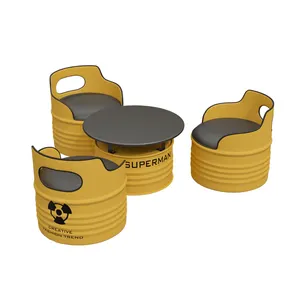 Conjunto de mesa e cadeira de bar estilo industrial personalizado, banco KTV personalizado, sofá de metal, ferro e óleo, barra estofada com desenho de tambor