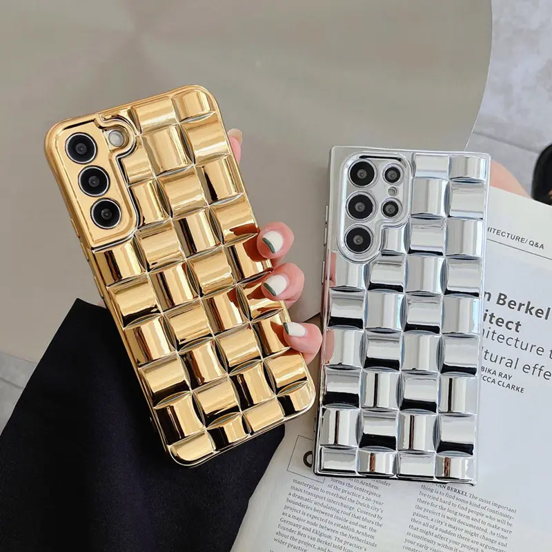 Gratis Verzending Zachte Tpu 2 Kleuren Gegalvaniseerd Goud Zilver Kubieke Telefoon Case Voor Samsung S22 S21 Plus Ultra Grid Puffy