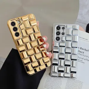 Free Shipping Soft TPU 2 Colors Electroplated Gold Silver Cubic Phone Case for Samsung S22 S21 PLUS ULTRA Grid Puffy