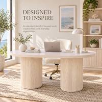 Bureau ovale blanc vintage français avec base à double piétement cannelé, table d'écriture pour bureau à domicile, idéal pour l'étude et l'espace de travail exécutif