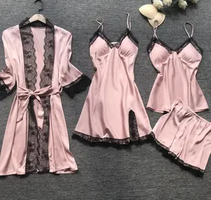 Vendita calda Sexy Donne di Quattro Pezzi Pajamas Set Camicie Da Notte di Seta Sexy Del Merletto Veste Set Delle Signore Elegante Salotto di Seta di Usura Pigiama