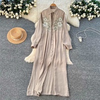 Robe longue élégante pour femme, style coréen, à manches longues, broderie florale rétro française, rouge, amincissante, pour l'automne