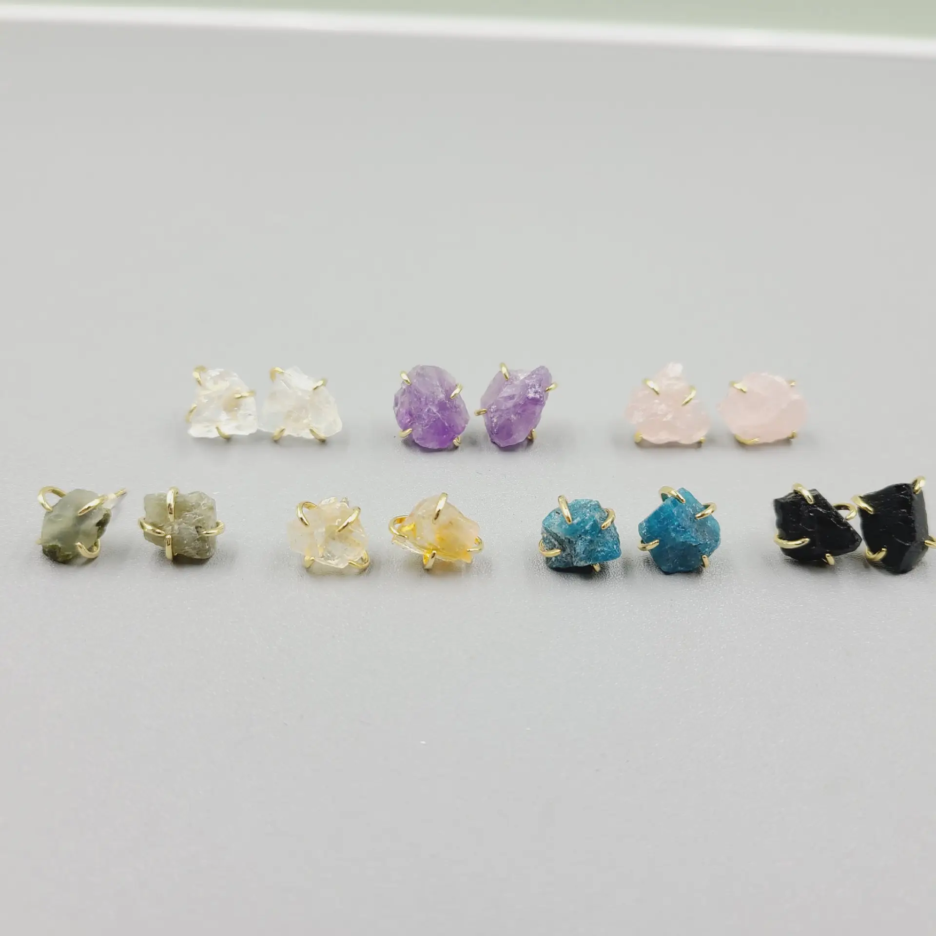 Stainless Steel Four Claws Colorful Natural Rough Irregular Original Crystal Quartz Stone Gemstone Studs Earrings for Women