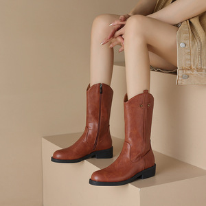 White <b>Knee</b>-<b>High</b> Boots Genuine Leather Round Toe Flat Heel Side Zipper Anti-Slip Rubber Outsole All Seasons Drop Shipping - Product Image 4