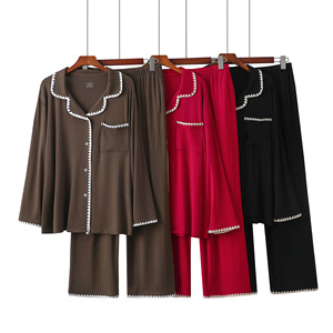Conjunto de Pijama de Manga Larga para Mujer SUHE PJ-051, Cuello con Bordado, Ropa de Dormir Tejida para Primavera/Otoño, Estilo Simple - Product Image 1