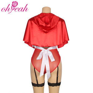 Nouveau Body Femme Lingerie Fantaisie Coquette Miss Rouge Sexy Costume Cosplay avec <span class=keywords><strong>Tablier</strong></span> à Bordure en Dentelle et Cape à Capuche - Product Image 5