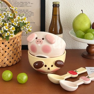 Set di stoviglie per bambini maialini simpatico cartone animato con crema cucciolo di riso in ceramica e <span class=keywords><strong>ciotola</strong></span> di Noodle con cucchiaio per insalata di Dessert - Product Image 5