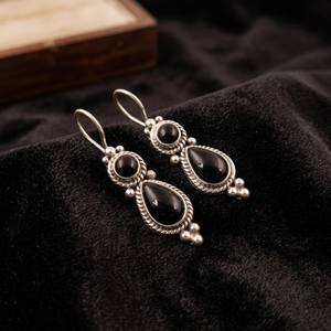 Boucles d'oreilles pendantes vintage en onyx noir pour femme, serties de pierres en argent tibétain, bijoux fantaisie en forme de goutte d'eau, cadeau - Product Image 3