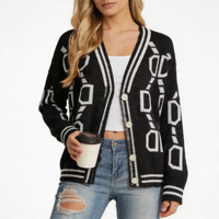 Suéter Cárdigan de Mujer con Cuello en V, Diseño Geométrico de Cadena Jacquard, Ribete de Rayas Blancas y Negras, Botones Frontales, Manga Larga Holgada, Abrigo de Punto para Otoño
