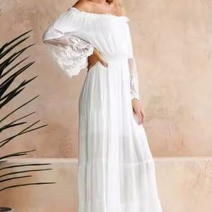 Nuevo Vestido de Verano para Mujer, Estilo Europeo, de Gasa, con Encaje Blanco, Color Sólido, Hombros Descubiertos y Mangas Largas - Product Image 3