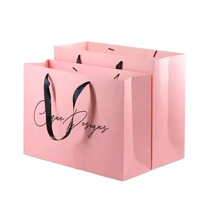 Sac en papier personnalisé stratifié rose mat, 50 pièces, fourre-tout pour Shopping au détail, avec logo