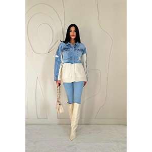 Veste en jean bleue avec dos en tricot contrastant, vêtements d'extérieur décontractés pour femmes - Product Image 5