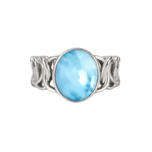 New Design 925 Sterling Silver Gemstone Jewelry Natural Larimar Band Ring