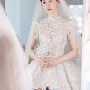 French Style Vintage Inspired Ball Gown Wedding Dress High Neck Short Sleeve Princess Waist Long Train X085 - Product Image 3