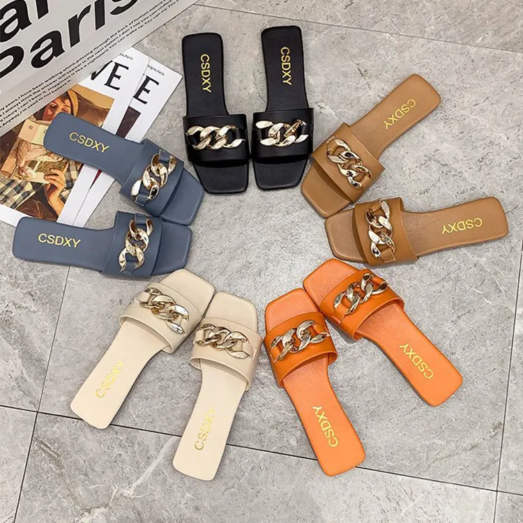 2022 Wholesale Fashion Resin Chain Casual Summer Beach Sandals Shoes For Women And Ladies Slip On Pu Leather Flat Slide Sandal
