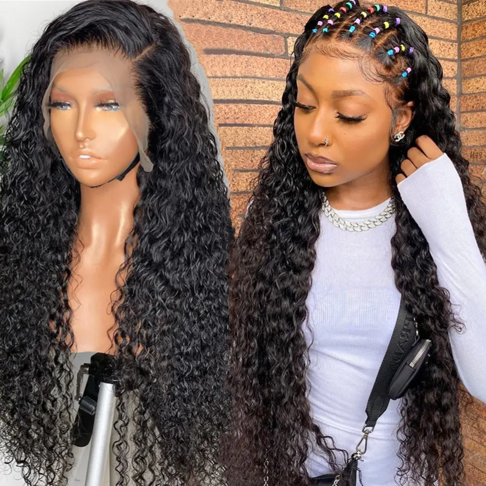 Peluca de cabello humano virgen brasileño para mujeres negras, encaje suizo transparente, ondulado, rizado, 100%