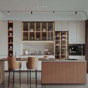 Gabinetes de Cocina Modulares Modernos Minimalistas con Encimera de Madera Integrada y Personalizada, con Isla de Almacenamiento y Fregadero para Interiores - Product Image 2