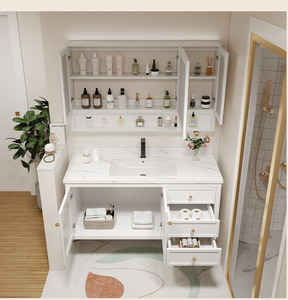 Muebles de baño modernos color crema, lavabo y gabinete combinados, gabinete de pared para baño - Product Image 5