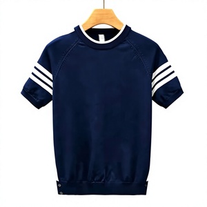 T-shirt décontracté pour homme bleu marine à manches courtes, coupe classique, col rond, en maille polyester/coton, écologique, anti-boulochage, avec bordure contrastante - Product Image 3