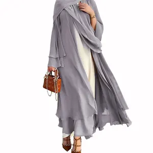 Luxe Jurken Loriya Moslimvest Abaya Bulk Groothandel Maxi Jurken 2 Lagen Chiffon Casual Moslim Vrouwen Abaya Front Open Abay