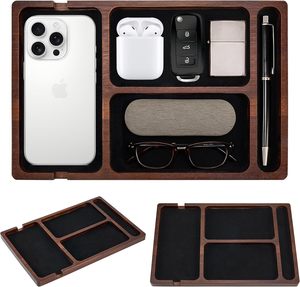 Nouvel Organisateur <span class=keywords><strong>de</strong></span> Bureau Minimaliste en Bois à 4 Compartiments, Plateau <span class=keywords><strong>de</strong></span> Rangement pour Table <span class=keywords><strong>de</strong></span> Chevet, Lunettes <span class=keywords><strong>de</strong></span> Soleil, Montre, Stylo, Téléphone Portable et Articles Divers - Product Image 4