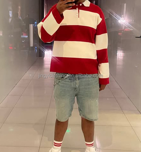 하이 퀄리티 사용자 정의 남자의 캐주얼 느슨한 무거운 무게 면 스트라이프 긴 소매 폴로 t 셔츠 남자 - Product Image 2