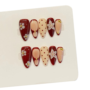 Esmalte <span class=keywords><strong>de</strong></span> <span class=keywords><strong>Uñas</strong></span> [Sakura Wine Soft Wave] Rojo Vino, Diseño <span class=keywords><strong>de</strong></span> <span class=keywords><strong>Flores</strong></span> Blancas, Ondas y <span class=keywords><strong>Puntos</strong></span>, Estilo Retro Suave, Acabado Desgastado, 951 Jiangsu - Product Image 2