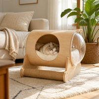 Lit pour chat en forme de tonneau avec dômes en acrylique pour vue à 360°, coussin en peluche, griffoir en sisal, structure en contreplaqué, emballage plat, montage facile pour la maison
