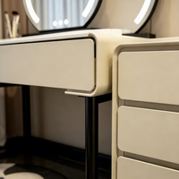 Coiffeuse de chambre style crème français pour petits espaces, moderne et minimaliste, avec plateau en verre, armoire et commode tout-en-un