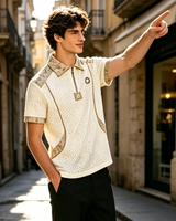 T-shirt Homme Décontracté en Maille Tricotée Respirante, Col Demi-Zip, Motif Floral Vintage, Col en V, Design Uni pour le Golf, 180g