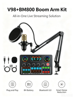 Carte son V98 Live, kit de microphone à condensateur BM800, mixeur audio professionnel pour diffusion en streaming sans fil 5.0 pour podcast