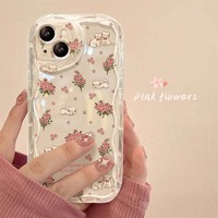 Coque de téléphone en TPU souple à motif de petites fleurs et imprimé chat, bord ondulé, pour iPhone 6 7 8 X Xr XS 11 12 13 14 15 16 17 Pro Max