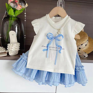 Nuovo Set estivo da ragazza alla moda con fiocco e maniche a mosca t-shirt Set due pezzi <span class=keywords><strong>abbigliamento</strong></span> per neonati - Product Image 4