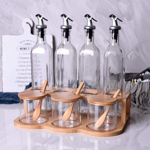 4-mảnh thiết lập rõ ràng dầu thủy tinh và giấm chai với pourer 3-mảnh tre nắp và thìa gỗ giá trang trí gia vị lọ - Product Image 1