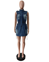 Robe en jean sans manches avec cordon de serrage à la taille, fermeture éclair, mini-robe moulante en jean extensible avec cordon de serrage réglable, tailles S-2XL
