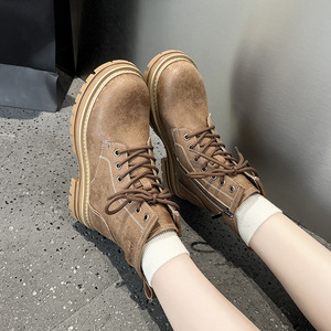 Botas de tobillo de ante lavado marrón vintage para mujer, con cordones, costuras en contraste, botas gruesas retro con plataforma gruesa, botas cortas informales para el trabajo - Product Image 2