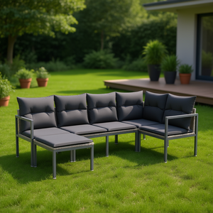 Modular <b>Grey</b> Poly Rattan Garden Sofa Set Steel <b>Frame</b> 6 Seater Outdoor Furniture Contemporary Design - Product Image 2