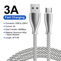 Kabel Data Pengisian Cepat USB a ke Type C, 3A Nylon Braided, Anti Putus, untuk Ponsel Samsung Xiaomi Android