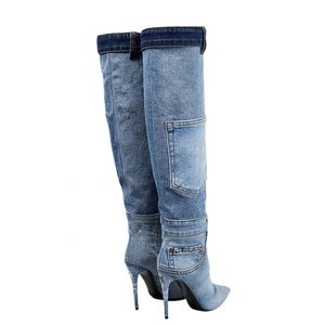 Bottes longues pour femmes en denim, à talons aiguilles fins, bout pointu, avec poches, coupe large - Product Image 6