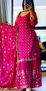 Designer Women's Party Wedding Wear Georgette Silk <b>Top</b>-Plazzo Dupatta Set <b>Sequins</b> Embroidery Quick Dry Salwar Kameez Customized - Product Image 4