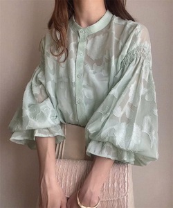 Camisa de Mujer con Cuello Alto, Manga Abullonada, Tejido Floral, Transparente, con Botones, Ecológica, Transpirable, Moda de Verano - Product Image 1