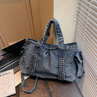 Sac fourre-tout en jean délavé pour femme, sac à main rétro avec rivets, grande capacité, sac de voyage à bandoulière, vente en gros