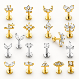 Orecchini a perno Zesenlin dal design esclusivo, placcati oro, con zirconi a forma di cuore e fiocco, in acciaio inossidabile, per helix e conchiglia, con retro piatto, regalo di nozze - Product Image 3