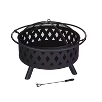 Brasero d'extérieur rond en acier avec grille de sécurité en treillis diamanté, écran anti-étincelles et pioche à feu en fer